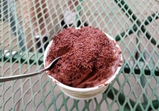 Photo of a cup of chocolate ice cream with chocolate sprinkles